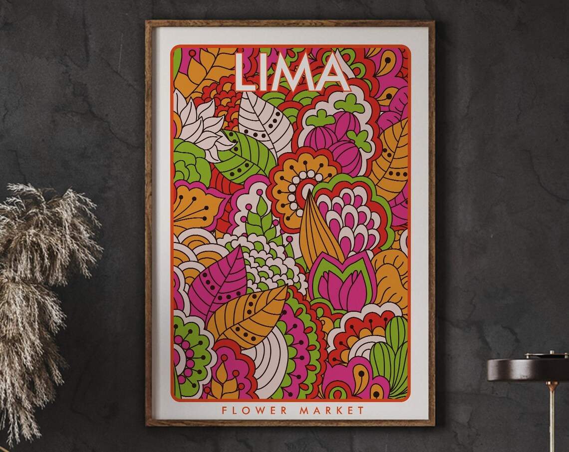 Lima Flower Market Retro Psychedelic Floral Botanical Art Poster