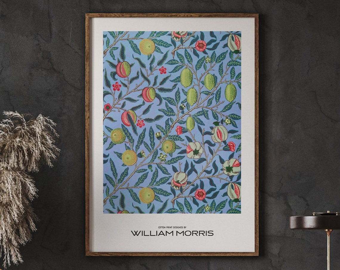 William Morris Fruit Cotton Pattern Blue Background Floral Poster