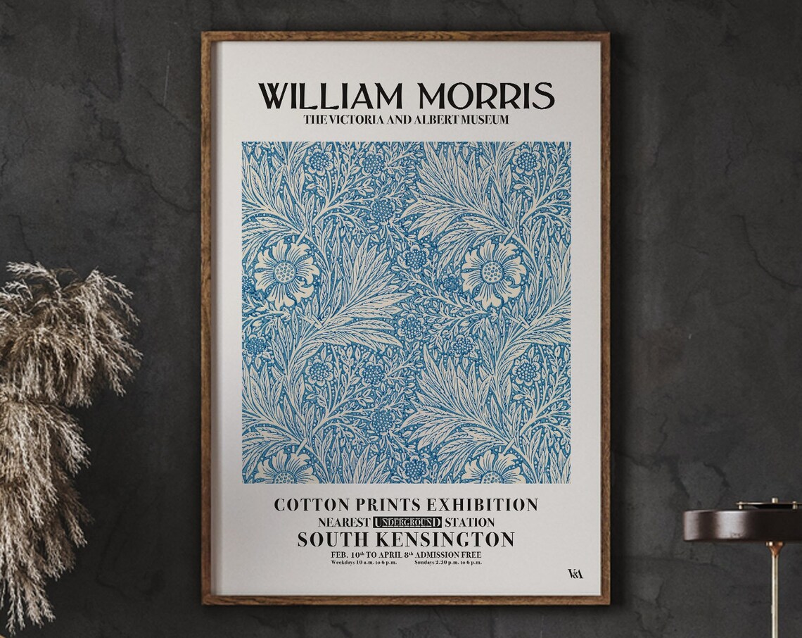William Morris Cotton Prints Exhibition Blue Floral Vintage Poster