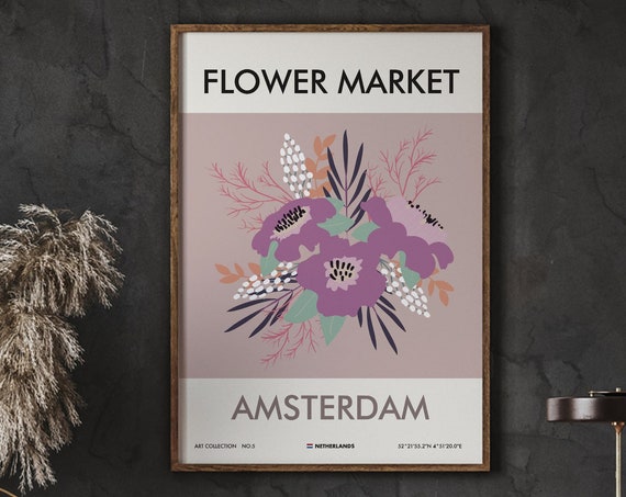 Flower Market Amsterdam Poster Floral Wall Art Florist Gift Illustration Modern Print Artwork Instant