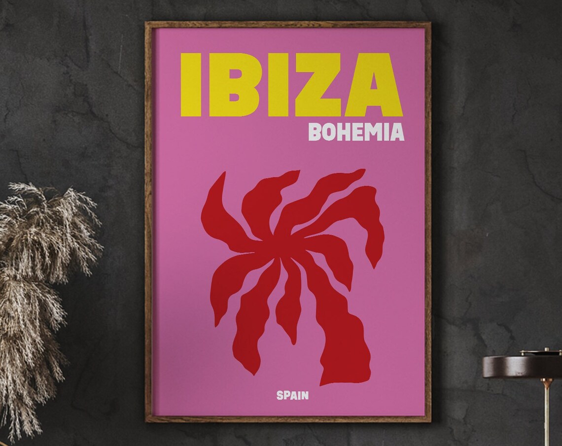 Ibiza Bohemia Spain Bold Pink Abstract Palm Retro Travel Poster