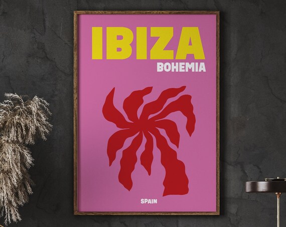 Ibiza Bohemia Spain Bold Pink Abstract Palm Retro Travel Poster