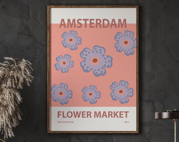 Amsterdam Flower Market Retro Bold Salmon Blue Floral Art Poster