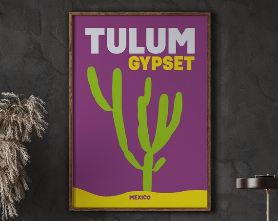 Tulum Gypset Mexico Minimalist Green Cactus Retro Travel Poster