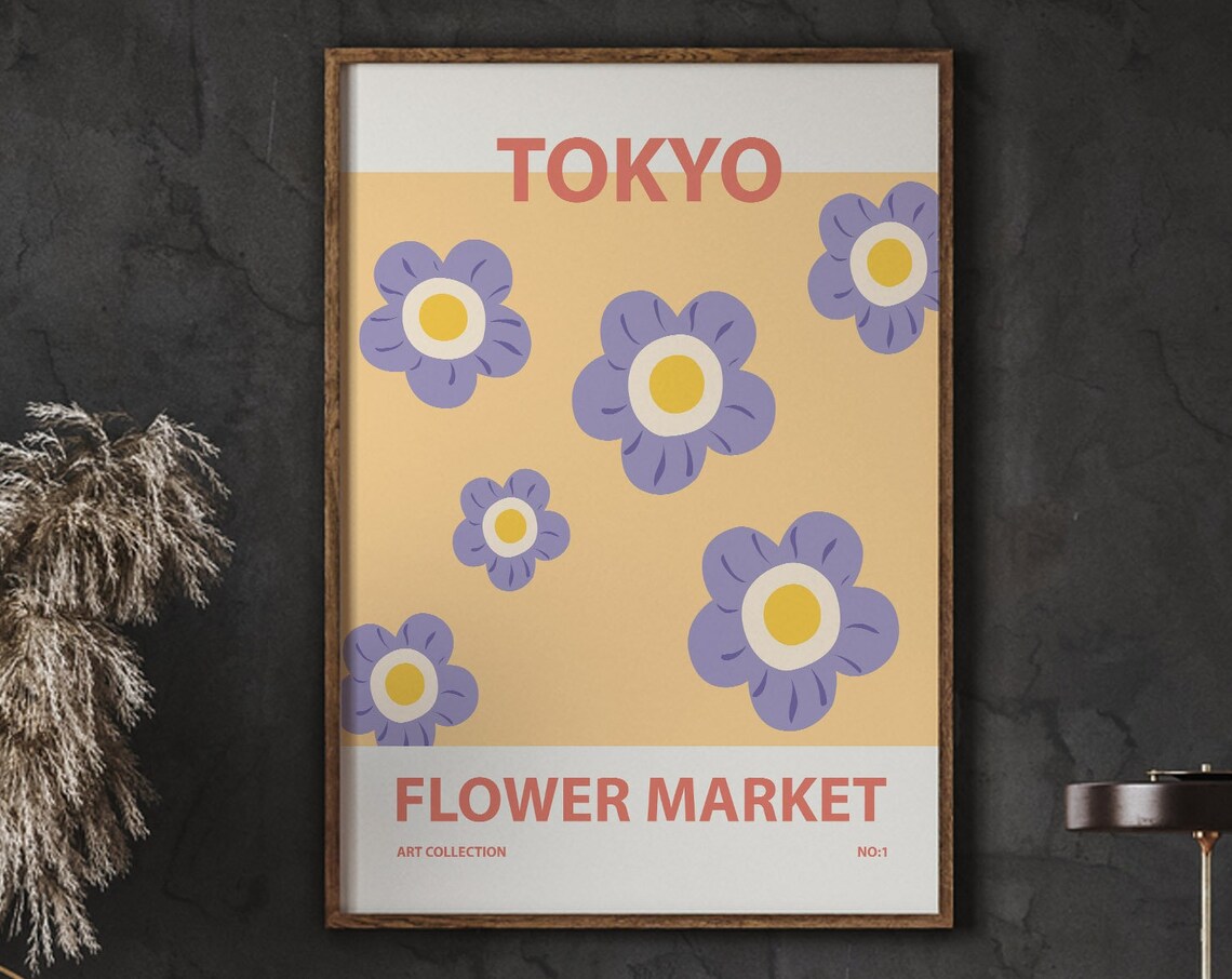 Tokyo Flower Market Peach Purple Floral Bold Retro Art Poster
