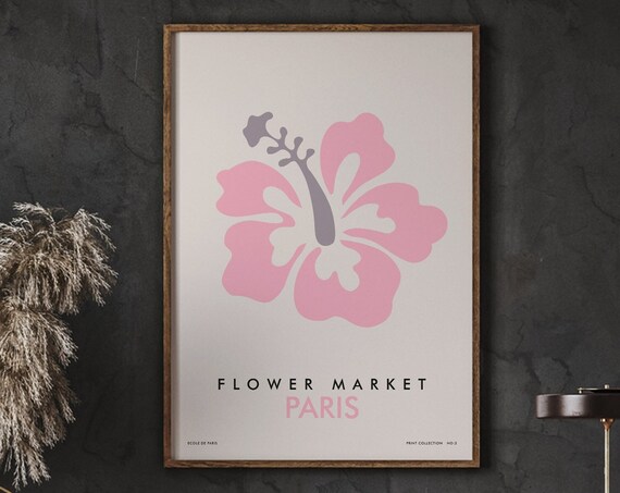 Paris Flower Market Poster Pink Hibiscus Minimalist Floral Illustration Art