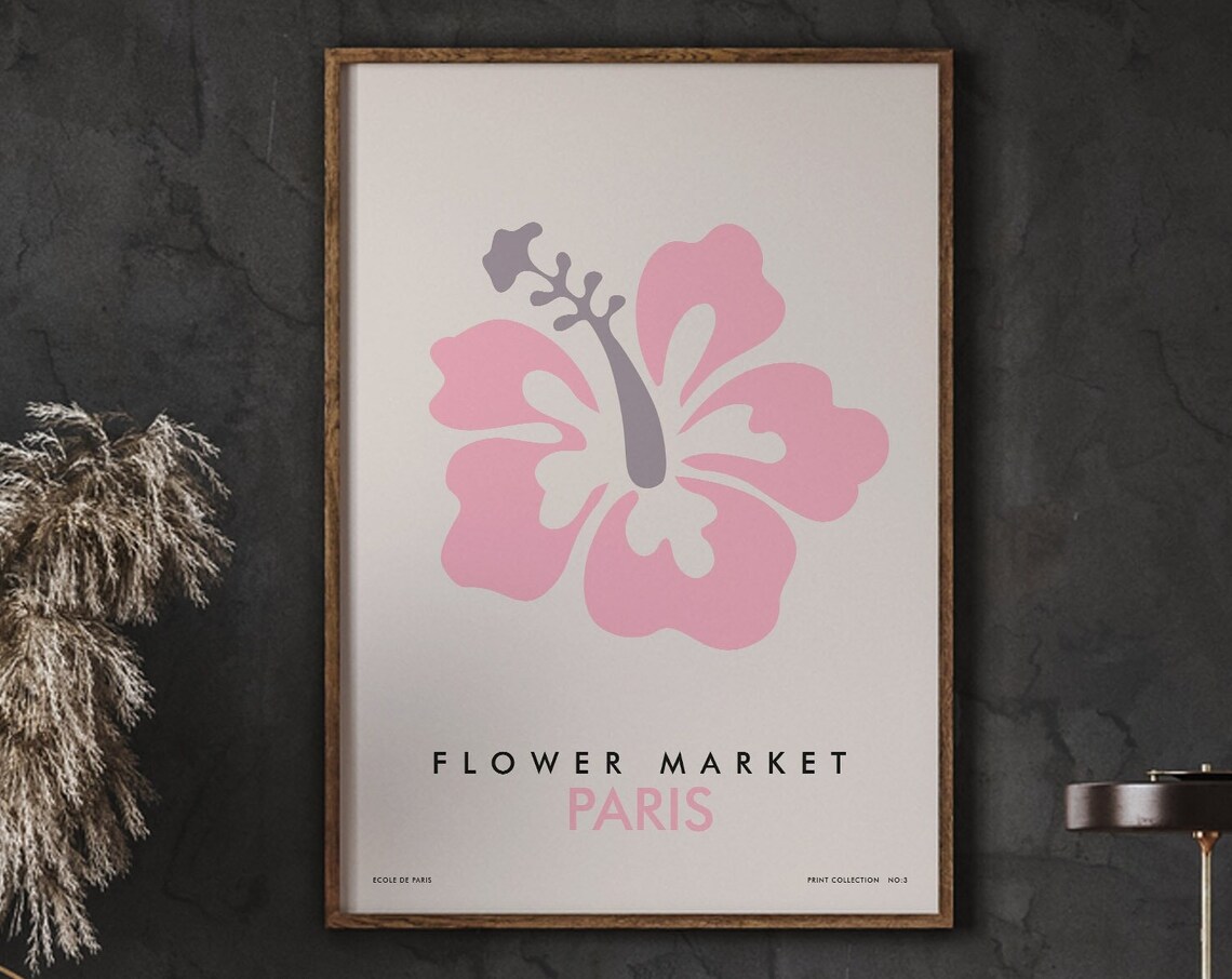 Paris Flower Market Poster Pink Hibiscus Minimalist Floral Illustration Art
