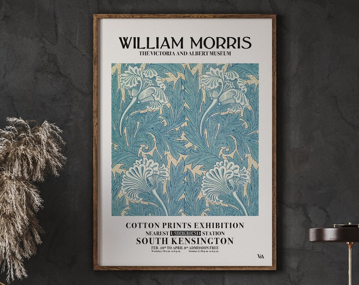 William Morris Blue Botanical Acanthus Cotton Prints Exhibition Poster