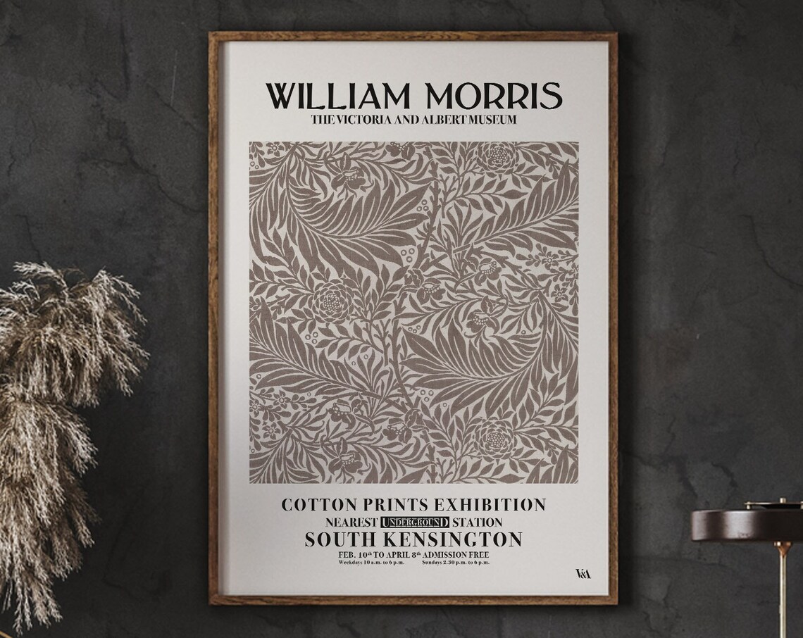 William Morris Taupe Botanical Cotton Pattern Exhibition Poster
