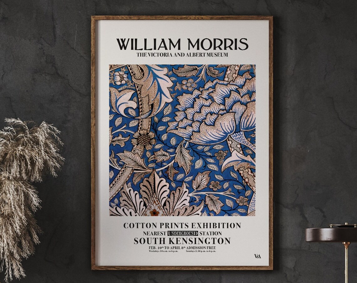 William Morris Blue Beige Floral Cotton Pattern Exhibition Poster