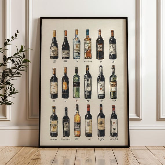 Wine Selection Art Poster Handdrawn Bottles Illustration Print On Matte Paper