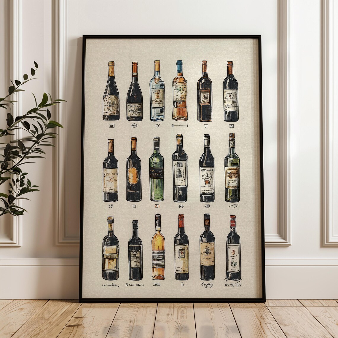 Wine Bottle Selection Chart Handdrawn Vintage Wine Bottles Bar Kitchen Art Poster