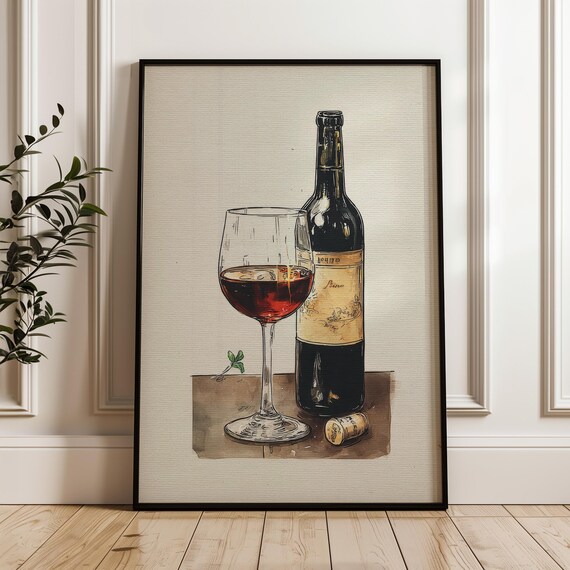 Red Wine Glass and Bottle Still Life Handdrawn Vintage Kitchen Dining Bar Art Poster