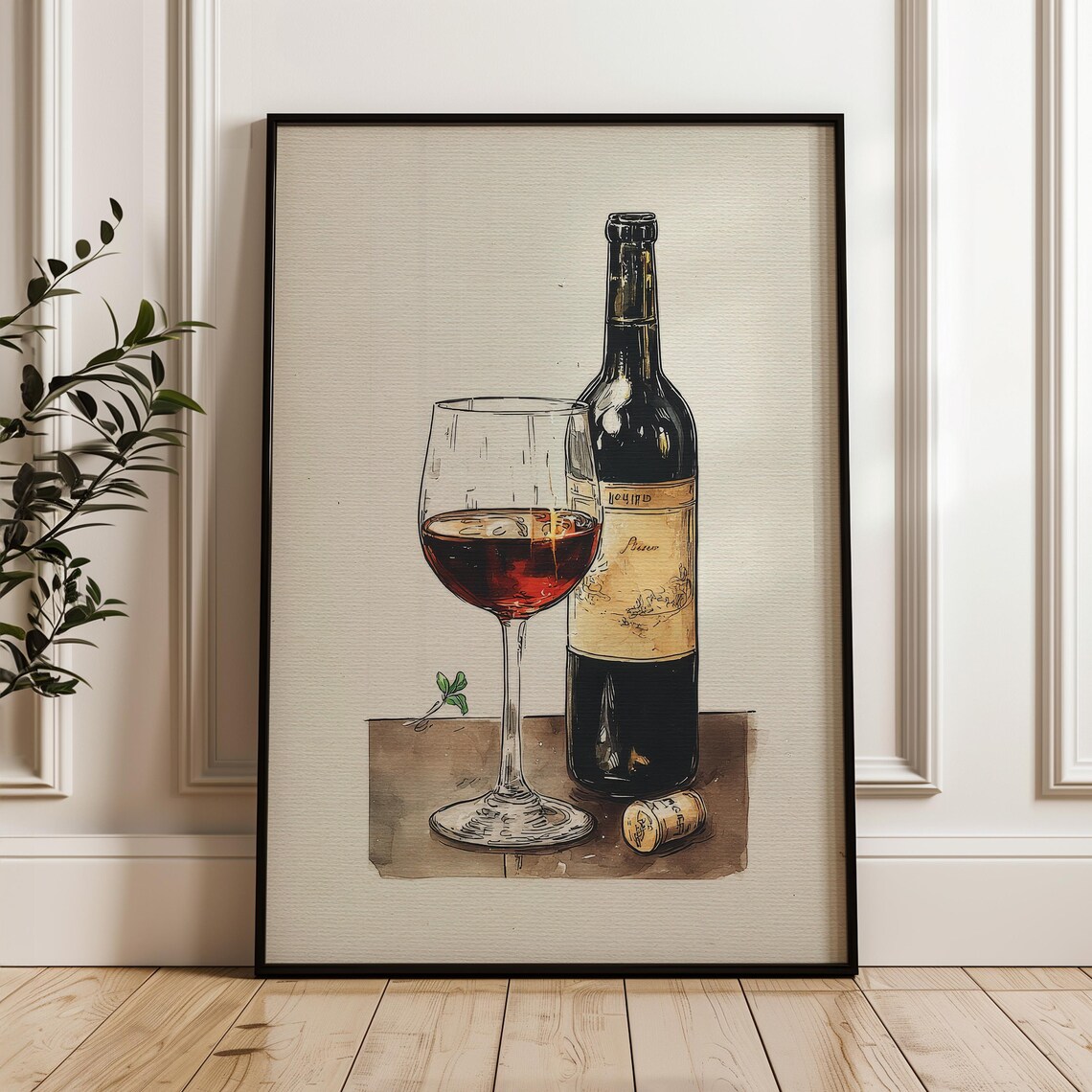 Red Wine Glass and Bottle Still Life Handdrawn Vintage Kitchen Dining Bar Art Poster