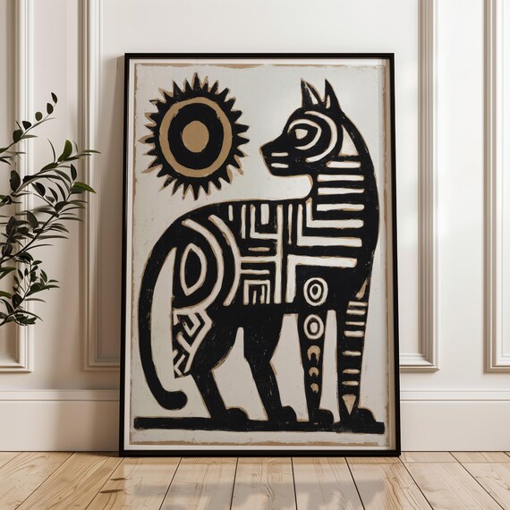 Stylized Black Gold Cat Geometric Tribal Abstract Folk Art Poster