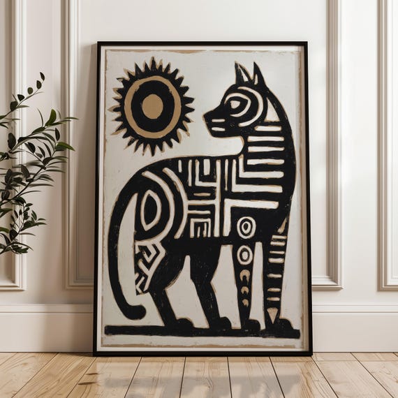 Traditional Mexican Cat Poster Abstract Geometric Folk Art Print On Matte Paper