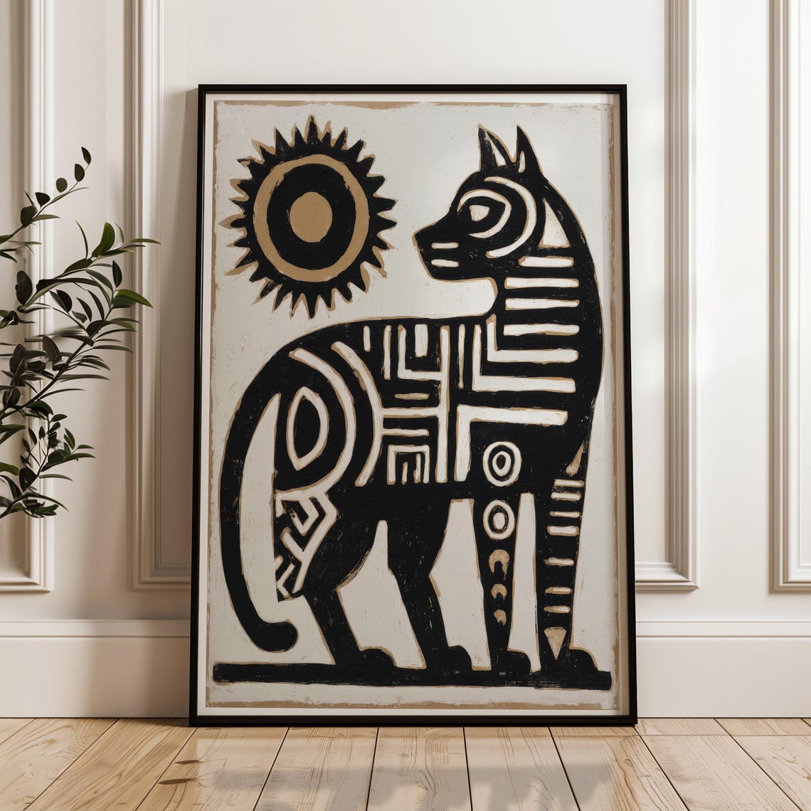 Stylized Black Gold Cat Geometric Tribal Abstract Folk Art Poster