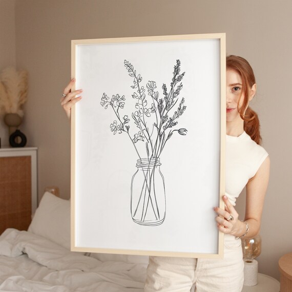 Botanical Line Art Poster Minimalistic Floral Print Black And White Flower Wall Decor Modern Home Office Decoration