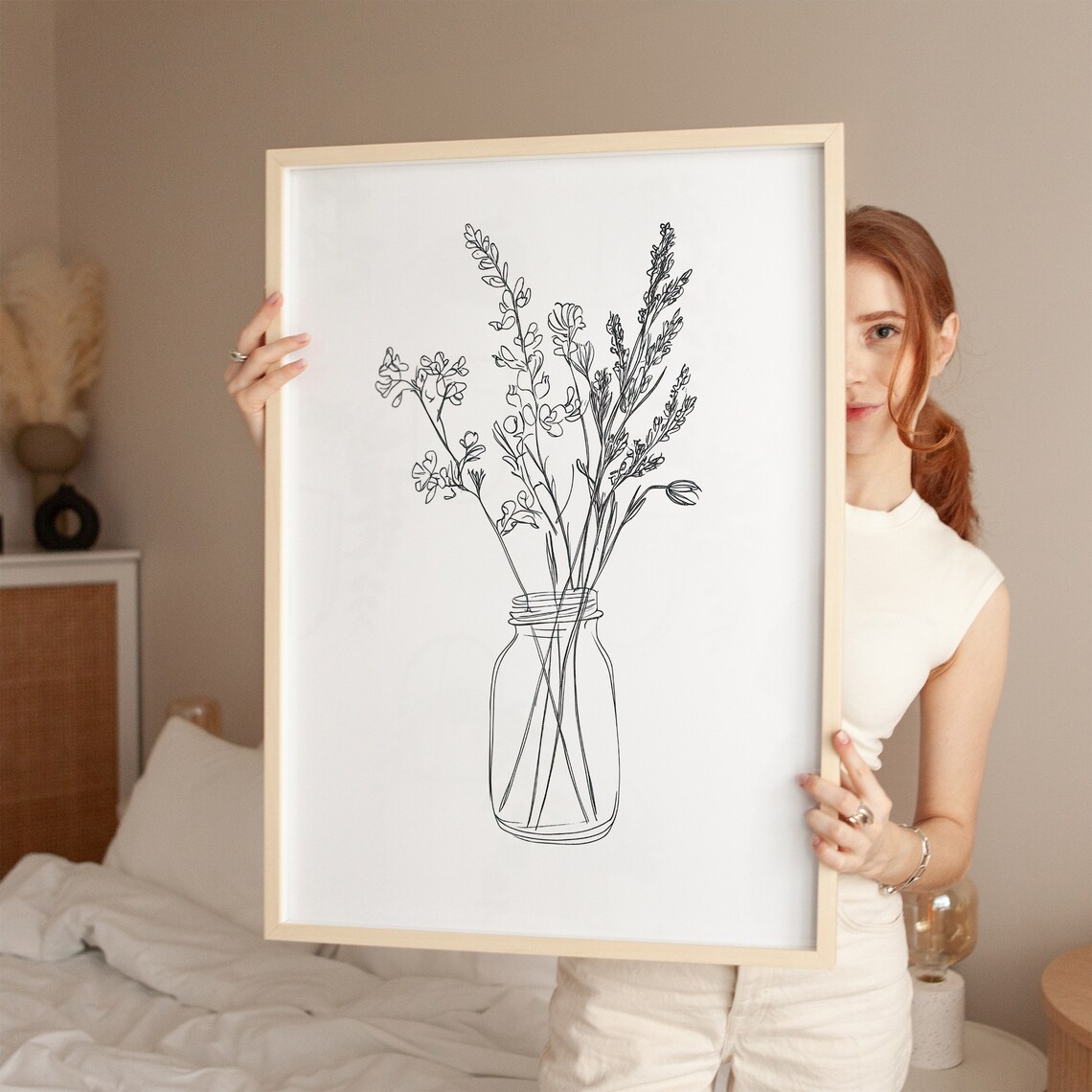 Botanical Line Art Poster Minimalistic Floral Print Black And White Flower Wall Decor Modern Home Office Decoration