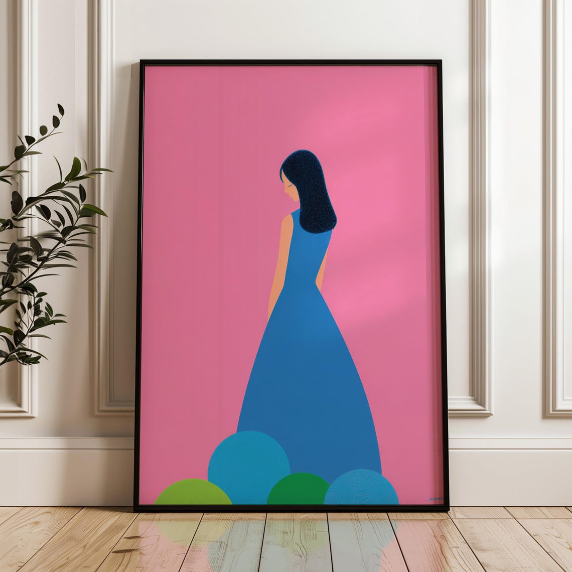 Minimal Woman In Blue Dress Pop Art Pink Background Modern Poster