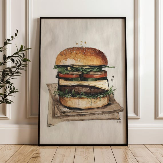 Food Art Poster Handdrawn Burger Illustration On Matte Paper