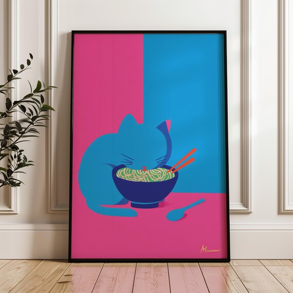 Blue Cat Eating Noodles Playful Modern Pop Art Poster Pink and Blue