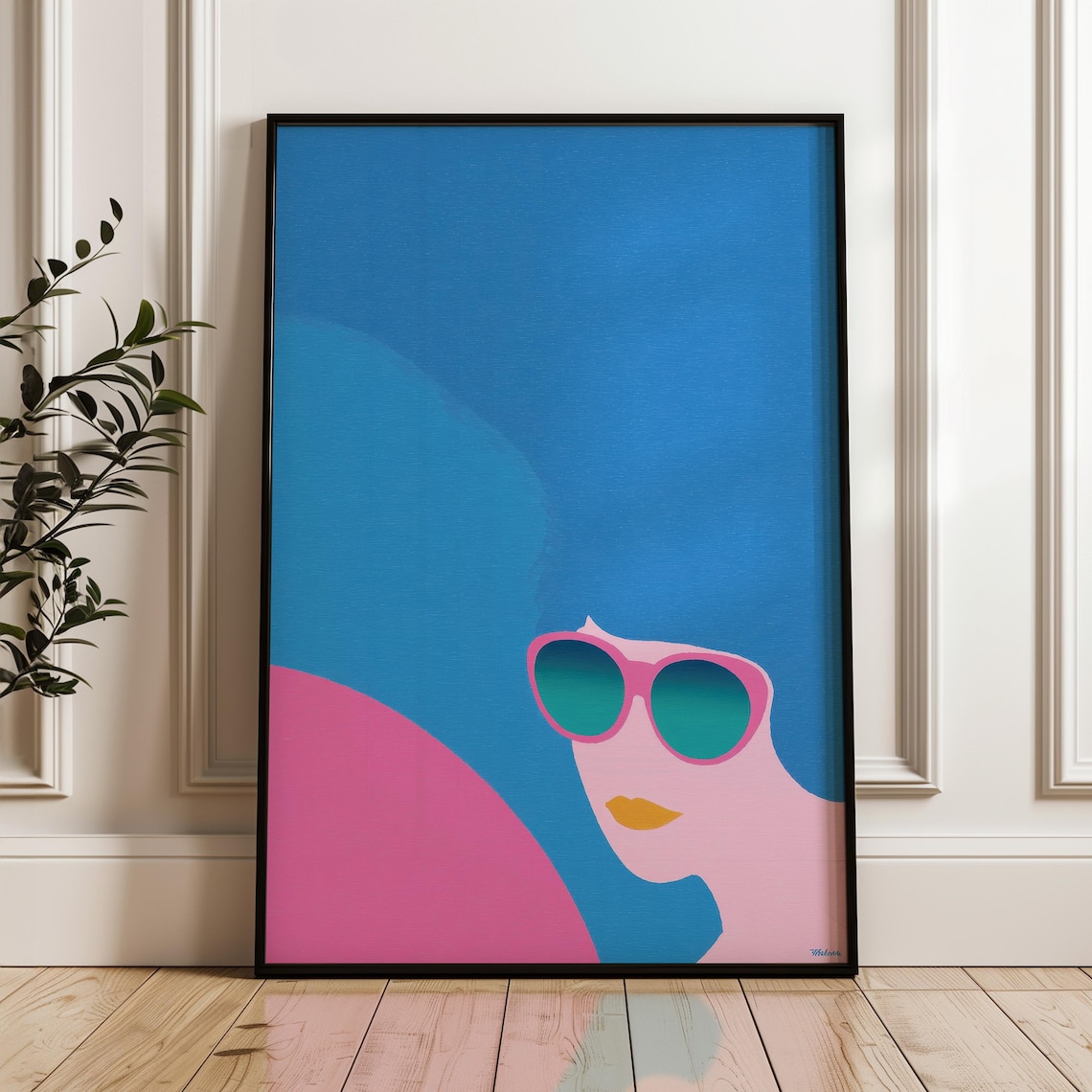Retro Girl Pink Sunglasses Minimal Pop Art Poster Blue Style
