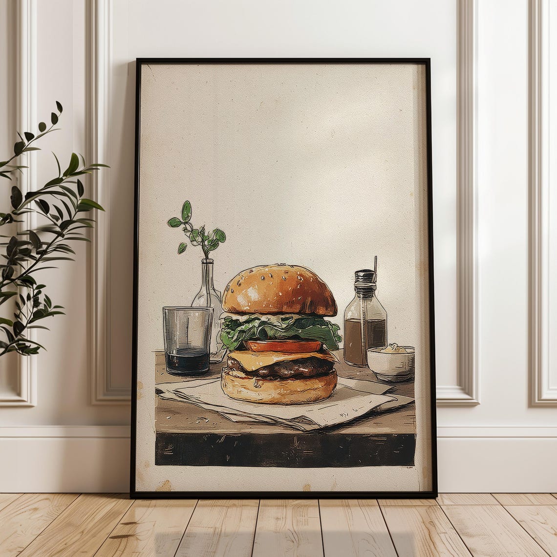 Cheeseburger Still Life Hand Drawn Kitchen Table Scene Poster