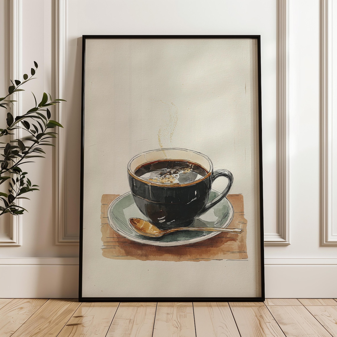 Black Coffee Cup Watercolor Golden Spoon Minimalist Morning Cafe Kitchen Art Poster