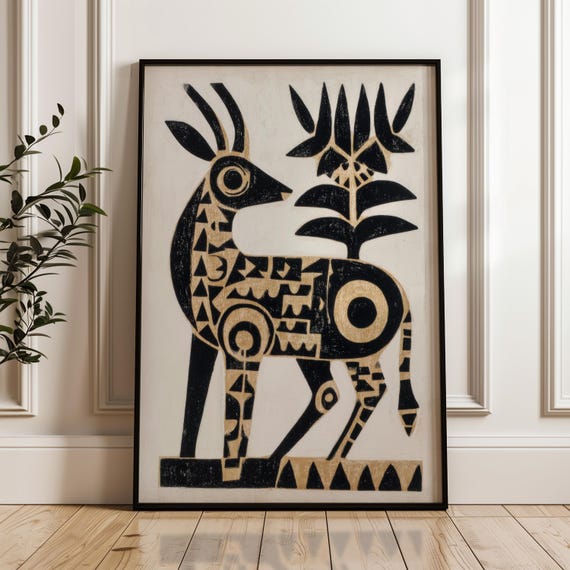 Traditional Mexican Deer Poster Abstract Geometric Folk Art Print On Matte Paper