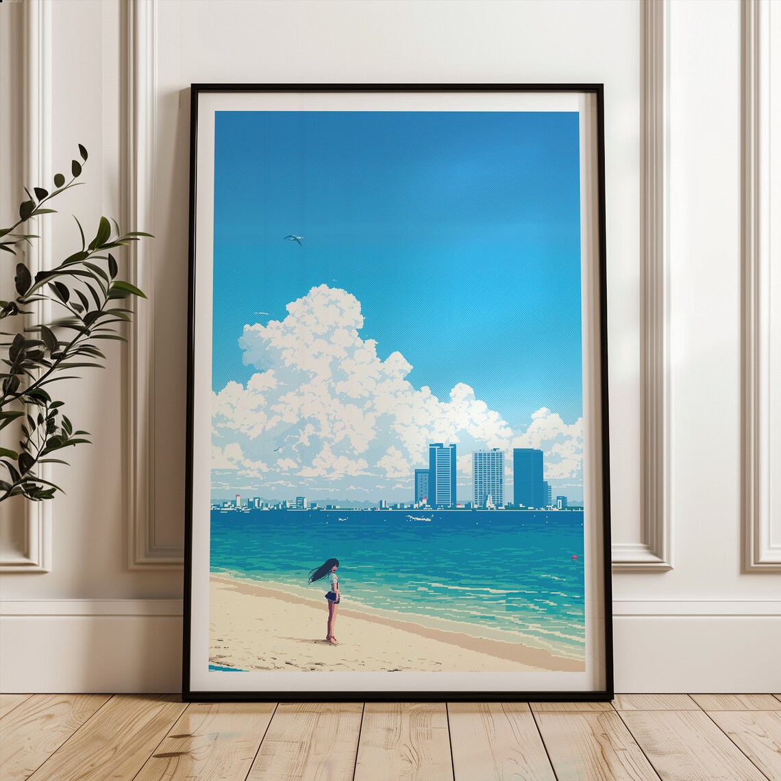 Pixel Art Beach Girl Summer City Skyline Japanese Retro Print