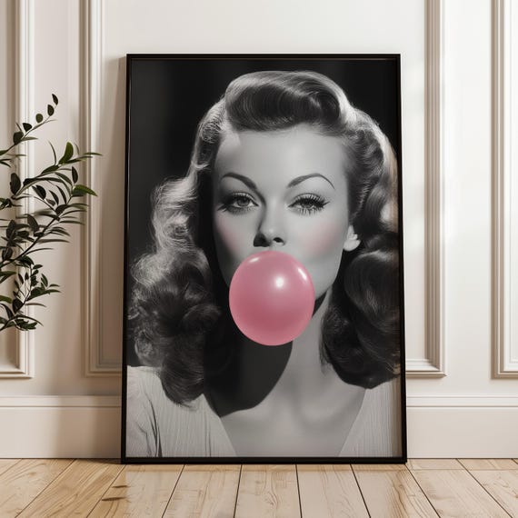 Pop Art Woman Poster Print Vibrant Pink On Black And White Bubblegum