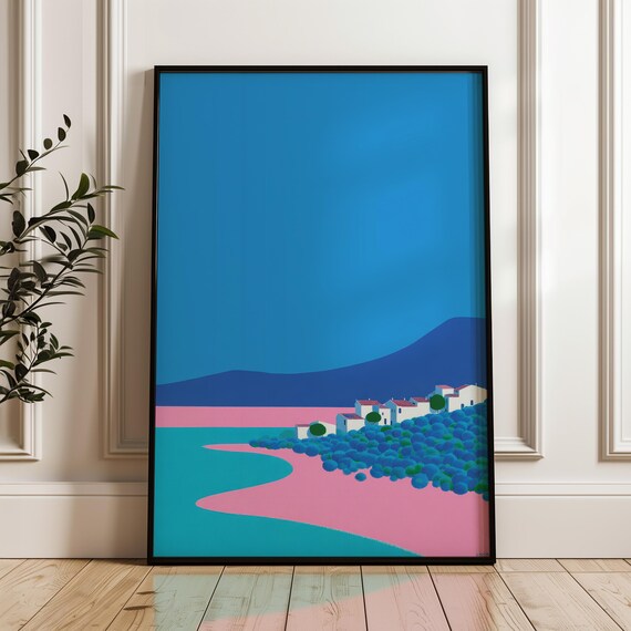 Minimal Coastal Landscape Pop Art Pink Blue White Village Poster