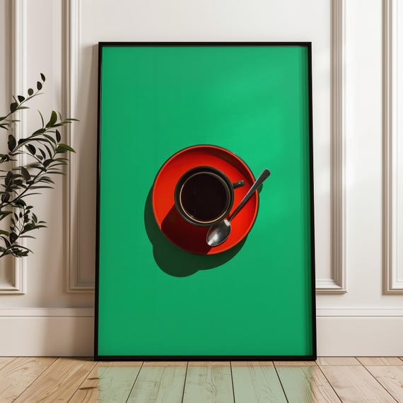 Coffee Wall Decor Red Plate And Cup Emerald Green Background