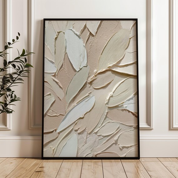 Cream Impasto Leaf Petals Textured Abstract Botanical Art Print