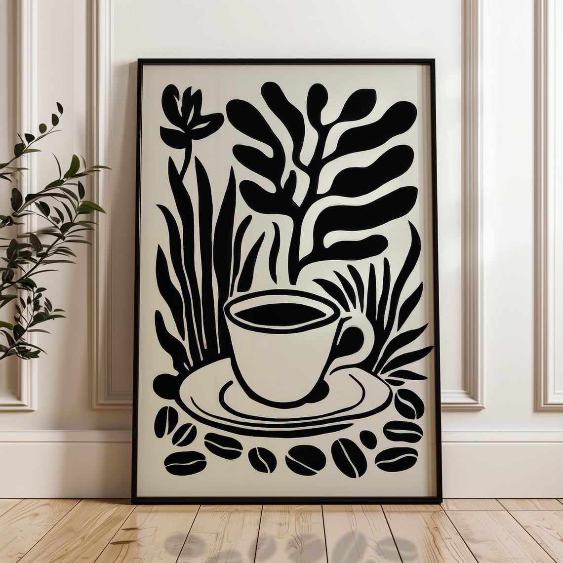 Minimalist Black And Beige Coffee Cup Botanical Kitchen Art Poster