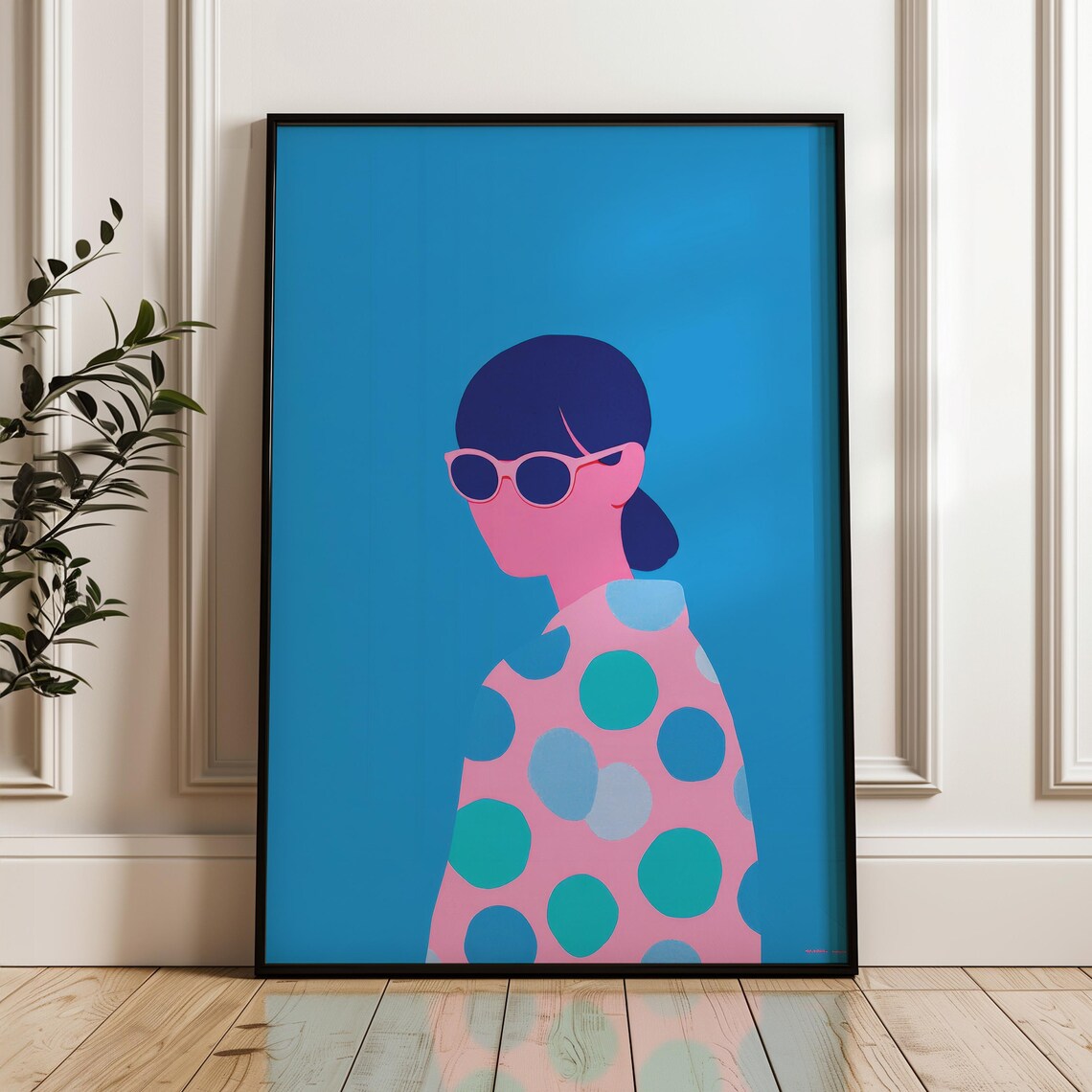 Minimalist Woman Sunglasses Polka Dot Dress Blue Pop Art Poster