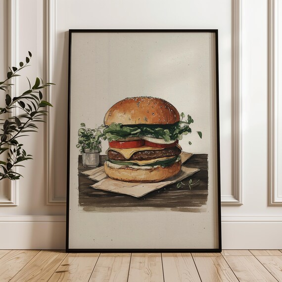 Double Cheeseburger Hand Drawn Watercolor Diner Kitchen Poster