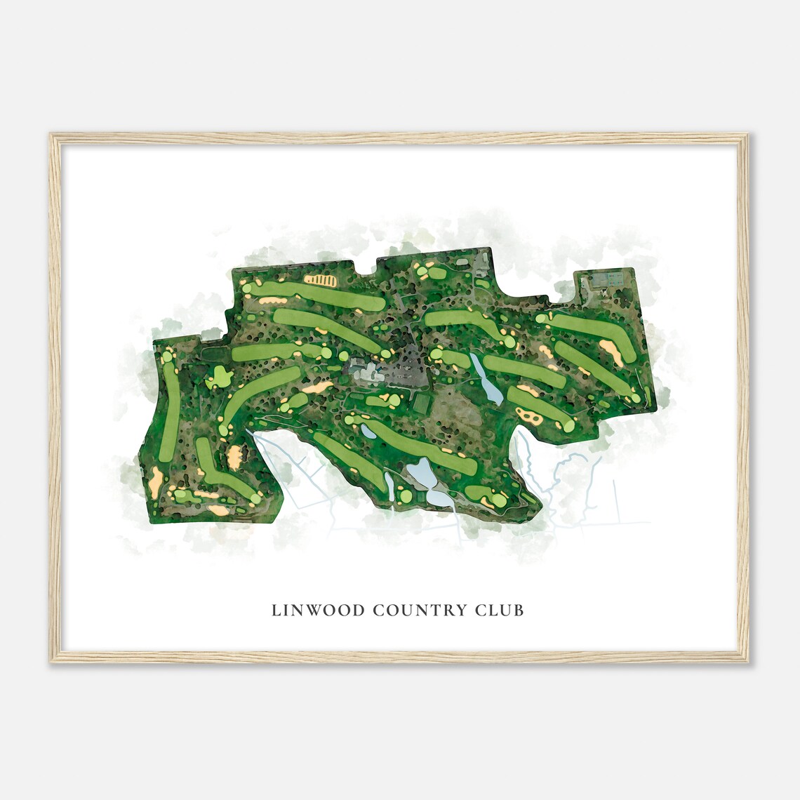 Linwood Country Club Satellite Aerial Watercolor Map Layout Poster