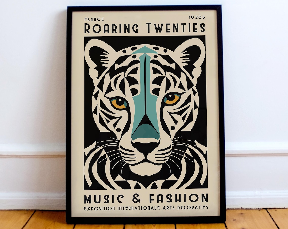 Roaring Twenties France Art Deco Tiger Head Music Fashion Poster