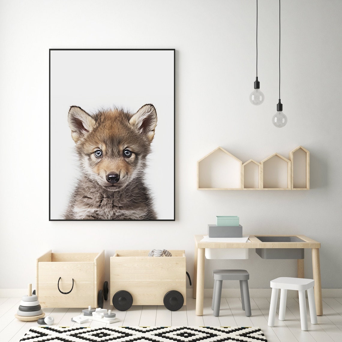 Baby Wolf Pup Nursery Portrait Cute Bright Blue Eyes Art Print - Image 3