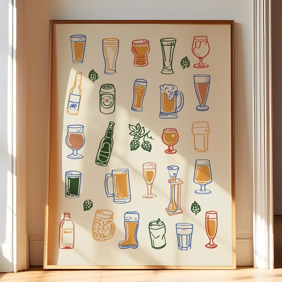 Retro Beer Glasses Art Print, Bar Cart Decor