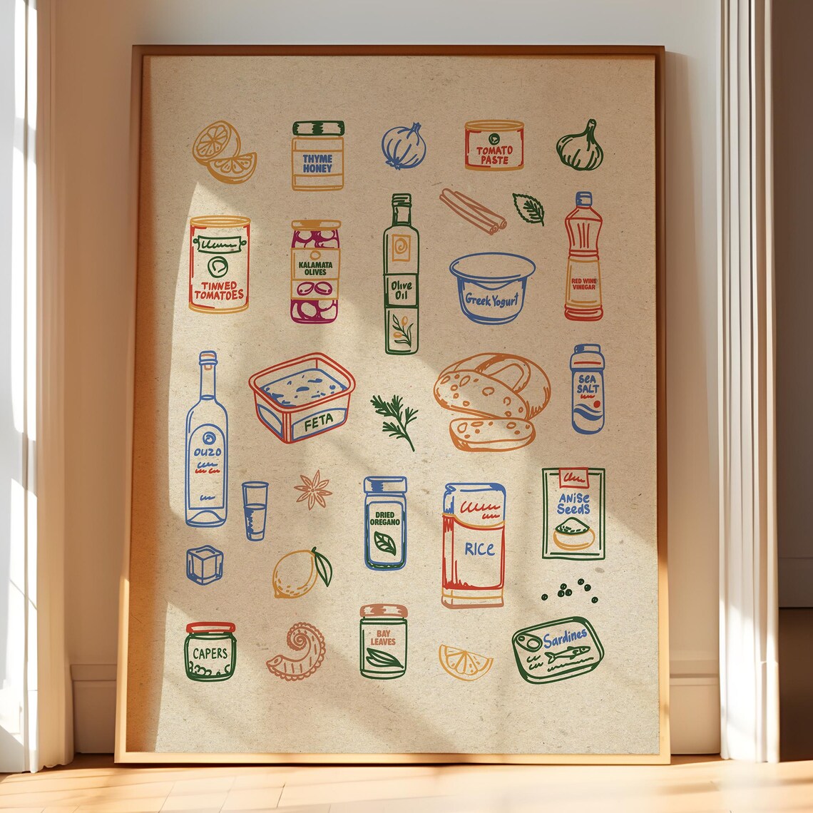 Greek Pantry Ingredients Hand Drawn Mediterranean Kitchen Art Poster