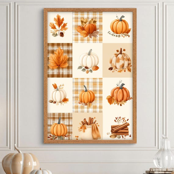 Fall Pumpkin Wall Art Rustic Autumn Plaid Prints Neutral Harvest Decor Farmhouse