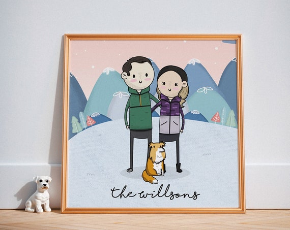 Custom Family Portrait Illustration Snowy Mountain Scenic Background Illustration Personalized Family Gift Custom Portrait Drawing