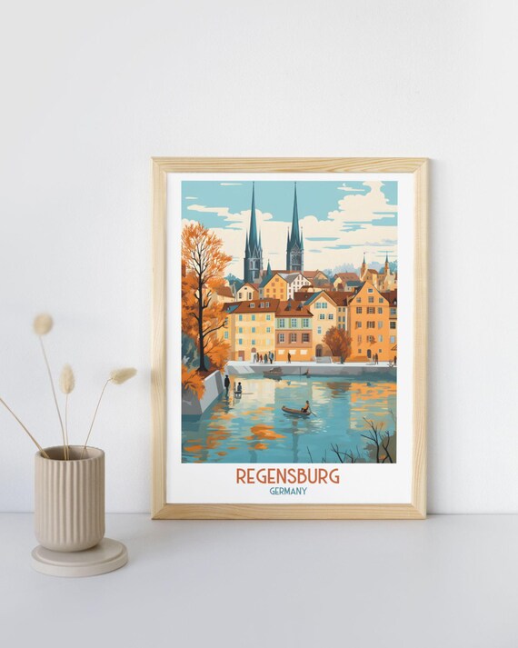Regensburg Germany Twin Spired Cathedral Over Danube River Travel Print