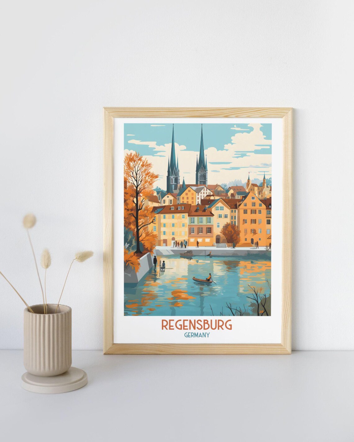 Regensburg Germany Twin Spired Cathedral Over Danube River Travel Print