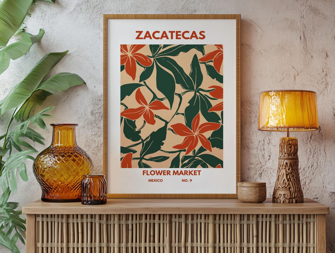 Warm Zacatecas Flower Market Mexico No 9 Rust Red Floral Poster - Image 2