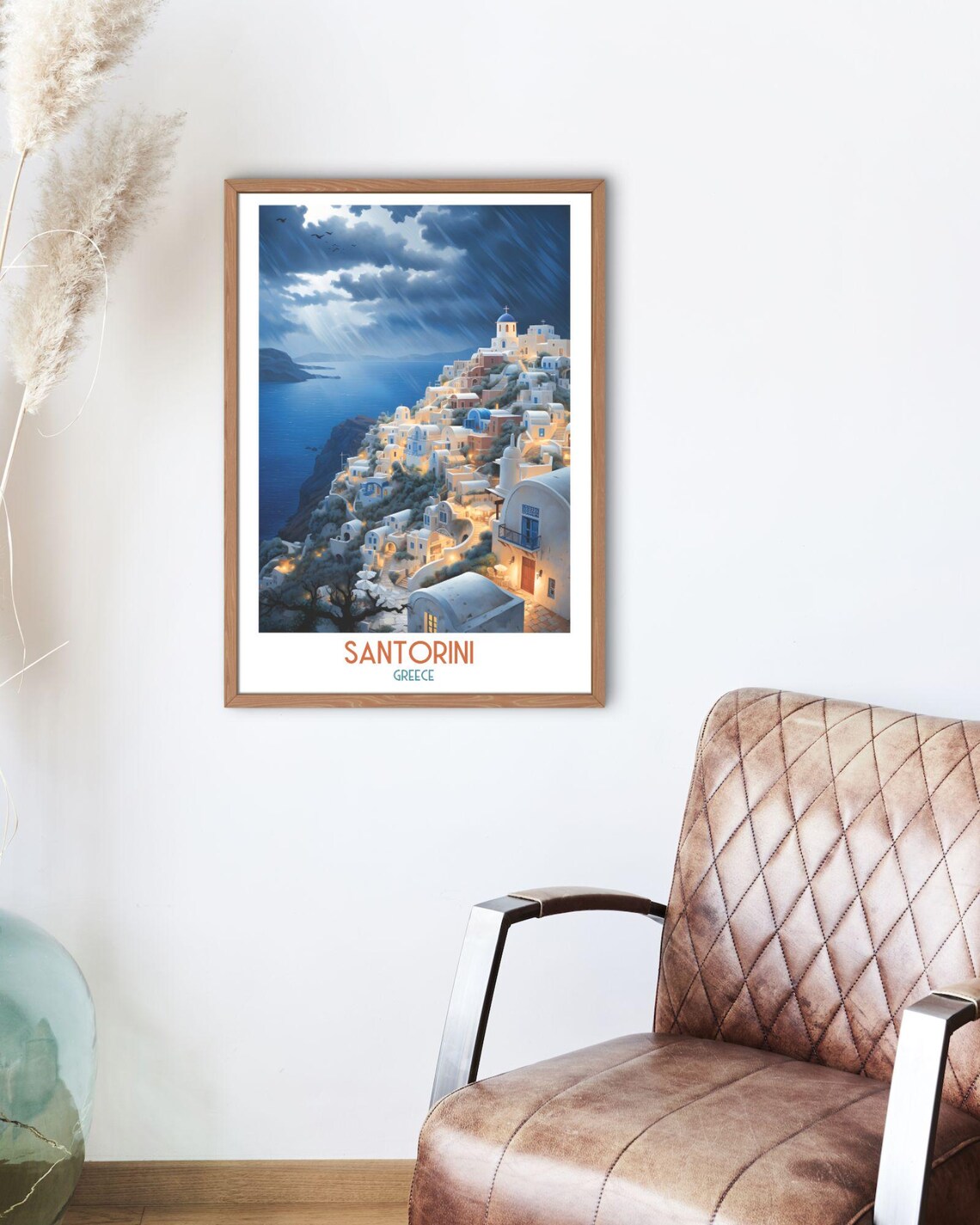 Santorini Greece Night Illuminated Cliffside Village Moonlit Sea Poster - Image 2
