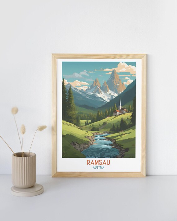 Ramsau Austria Alpine Valley Church and Mountain Stream Travel Art Print